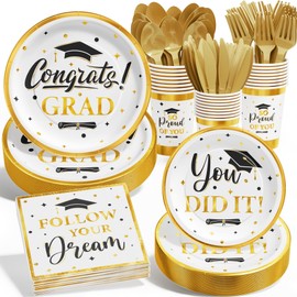 Ecomore Class of 2023 Graduation Party Supplies Set, 175 PCS Congrats Grad Disposable Dinnerware Set(Serves 25) Paper Plate Cup Napkin Fork Knife Spoon for College High School Graduation(White & Gold)
