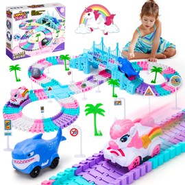 4 5 6 Year Old Girl Birthday Gifts: Unicorn & Shark 194PCS Flexible Race Track for Kids Ages 4-8 | Monster Truck Car Toys for Toddlers 3-6 | Magic Tracks Toddler Girls Toys Age 6-8