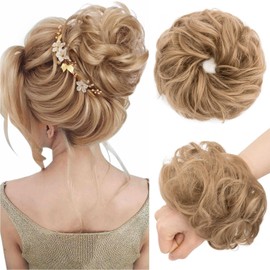 Hairro Messy Hair Bun Curly Wavy Messy Bun Hair Piece Scrunchie Extensions Synthetic Hairpiece Tousled Updo for Women 25g Sandy Blonde