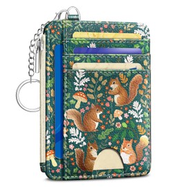 Kelvoris Cute Squirrels Credit Card Holder Small Wallet Women, Flowers Slim RFID Blocking Wallet Woman Keychain with Zipper Coin Pocket, Front Pocket Thin Travel Card Case with ID Window Ladies Gifts