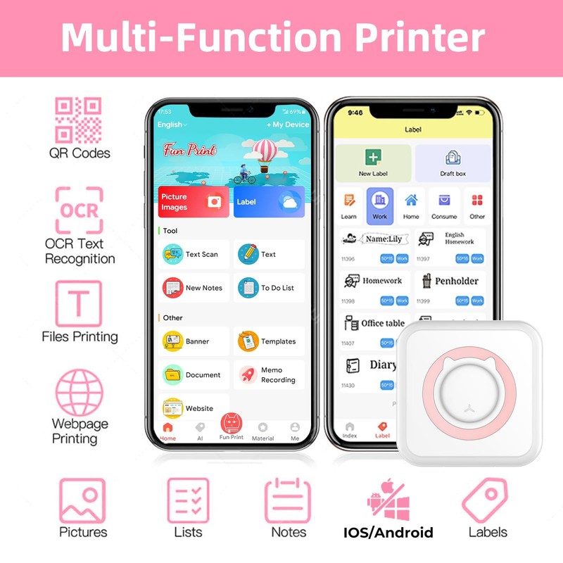 CIANBIFN Mini Printer, Mobile Photo Printer, Wireless Photo Printer, Thermal