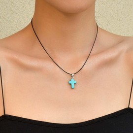 Yienate Boho Cross Necklace Vintage Luck Turquoise Crucifix Y Necklace Minimalism Christian Cross Simulated Turquoise Crucifix Pendant Necklaces Jewelry for Women
