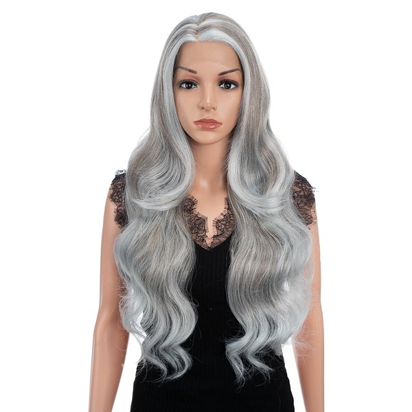 Joedir 66 cm Big Curly Wavy Supreme Free Parting HD Lace Frontal Highlights Wigs with Baby Hair High Temperature Synthetic Wigs for Women (Ice Queen Platinum Mixed Light Auburn Colour)