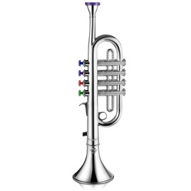 Lewtemi Silver Trumpet Musical Instruments Toy for Kid Toddler Fake Plastic Preschool Music Toy Gift Portable Wind Instrument Early Educational Teaching Songs Toy Gifts for Toddlers Children
