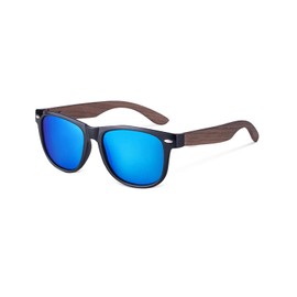 MIAROZ Men's Polarised Wooden Sunglasses: UV400 Protection Reduces Glare Wooden Temple PC Frame and TAC Lenses - Mirrored Sunglasses for Fishing, Driving, Hiking, Fishing, ice blue, Large