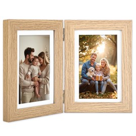 5x7 Double Picture Frame with Tempered Glass in WoodGrain,Vertical Display 4x6 with Mat or 5x7 without Mat, Engineered Wood Bifold Photo Frame for Tabletop,Nice Gift for Memories & Décor (PS008-WGX7)
