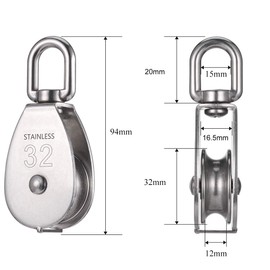2 pieces 32 mm pulley, M32 pulley for ropes, pulley stainless steel, pulley single set, shells pulley roller for ropes for indoor and outdoor use, load capacity 250 kg (551 lbs) - silver