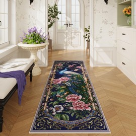 Vowkten Runner Rug for Kitchen 2'6"x8' Washable Rugs with Rubber Backing Soft Floral Peacock Floral Animal Carpet Runner for Kitchen, Laundry, Bedroom, Bathroom (Cobalt Blue)
