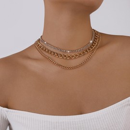 Stocking Stuffers Gifts for Women Layered Rhinestone Choker Necklace for 3 Set Boho Tennis Choker Necklace Silver Gold Cuban Link Chain Necklace Jewelry for Women Girls