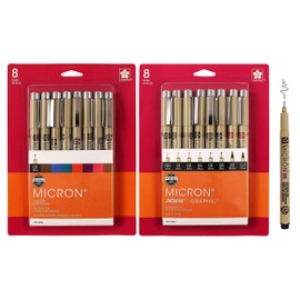 SAKURA Pigma Micron Fineliner Pens 2 Pack - Pens for Writing, Drawing, or Journaling - Assorted Point Sizes - 8 Black Ink Micron Pens - 8 Colored Ink Micron Pens