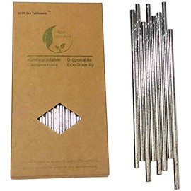 Metallic Silver Paper Straws - 7.75" Biodegradable Drinking Straw (100 Pack) - Premium Disposable Straws for Wedding, Champagne, VIP Events & Parties