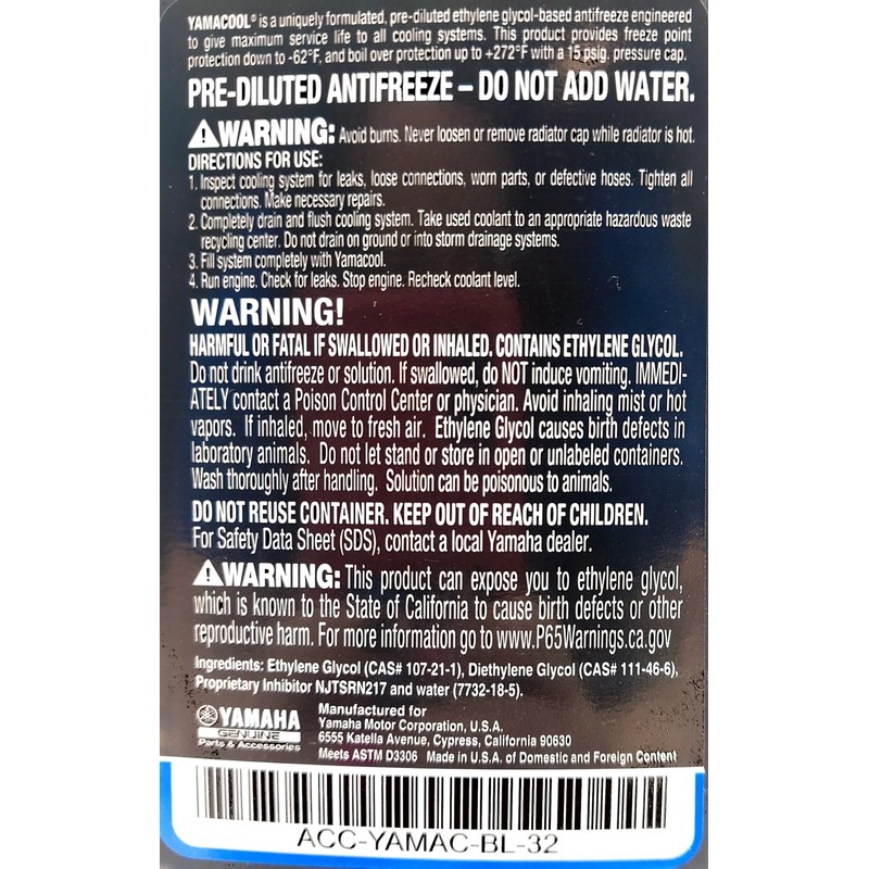 Yamaha Original OEM Yamalube ACC-YAMAC-BL-32 Pre Diluted Antifreeze Yamalube OEM
