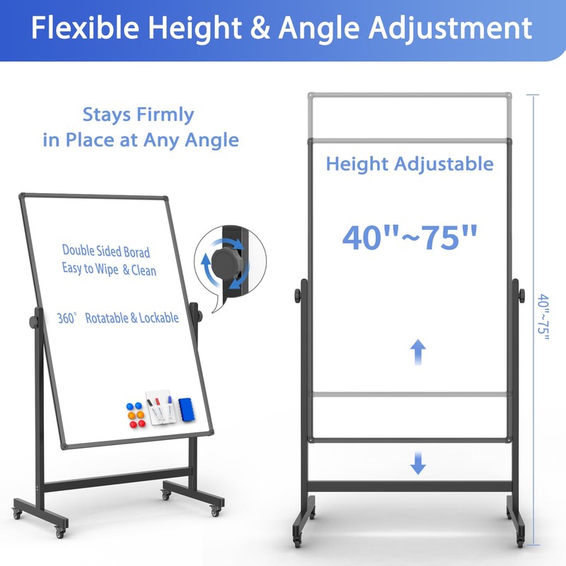 Rolling Whiteboard on Wheels, Double-Sided Magnetic Dry Erase Board with
