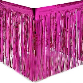 PUZINE 4 Pack Metallic Foil Fringe Table Skirt Tinsel Party Table Skirt Banner for Parade Floats Mardi Gras Party Decoration（L108 inH 29in） (Pink, 4pack)