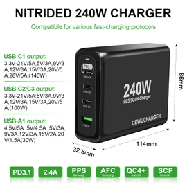 GEWUCHARGER Charger, 4-Port 240W Charger, USB-C X3 & USB-A, USB C 1 Port, PD3.1 Compatible, Single Port, 140W, High Output, Supports PPS105W Standard, Double 100W Output Support, GaNII Rapid Charger,