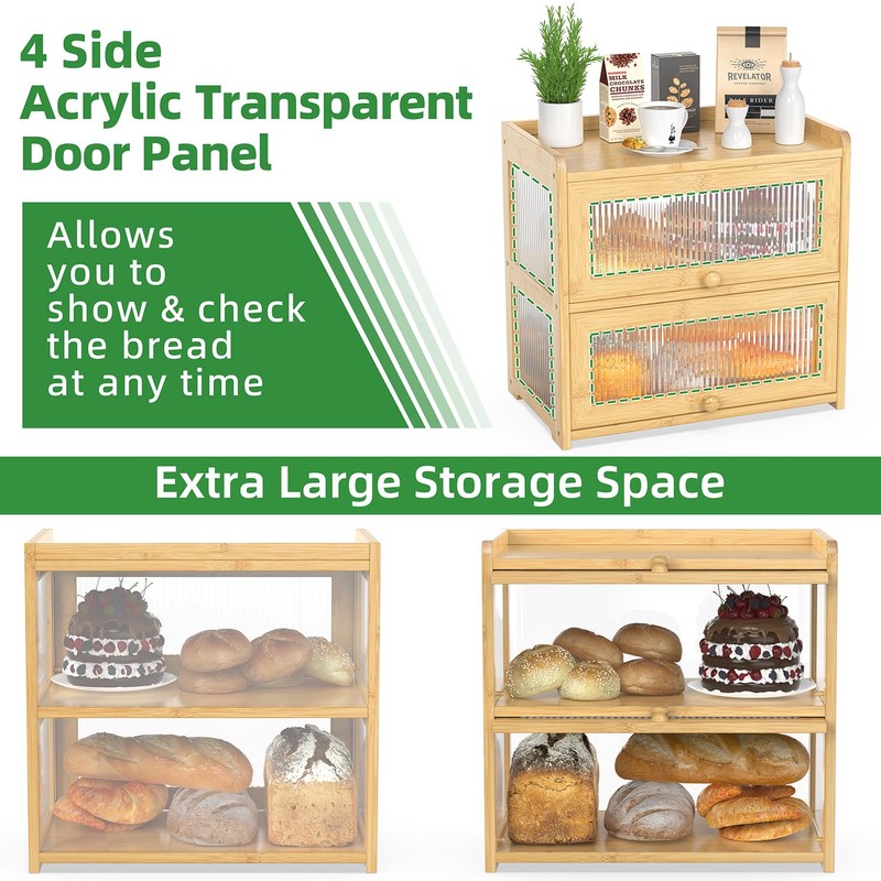 BAMBANG Extra Large Bamboo Bread Box for Kitchen Counter, Double