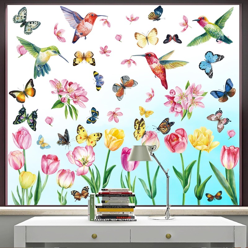Spring Tulip Window Clings, 61 Pcs Butterfly Tulip Flower Hummingbird
