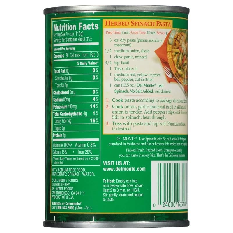 Del Monte No Salt Added Leaf Spinach 13.5oz Can (Pack
