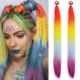 Rainbow Braiding Hair Extensions Rave Hair Accessories Colored Braids Synthetic Ombre Braid Ponytail Extensions with Elastic Tie Hairpieces for Women Girls Festival Party 26 Inch 2 Packs