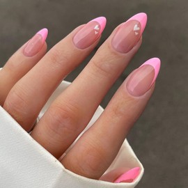 Valentines Press on Nails Short Almond MABKJLF Pink French Tip Fake Nails False Nails with Designs White Heart Full Cover Glossy Glue on Nails Acrylic Nails for Women Girls 24 Pcs