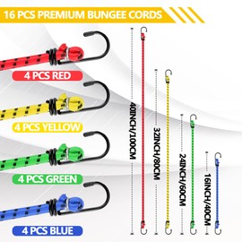 Veppak-Bungee Cords with Hooks, 16 Pack Elastic Bungee Straps Includes 40",32", 24", 16",Heavy Duty Outdoor Bungie Straps to Packing for Camping, Tent, Storing Packages, Fastening Items