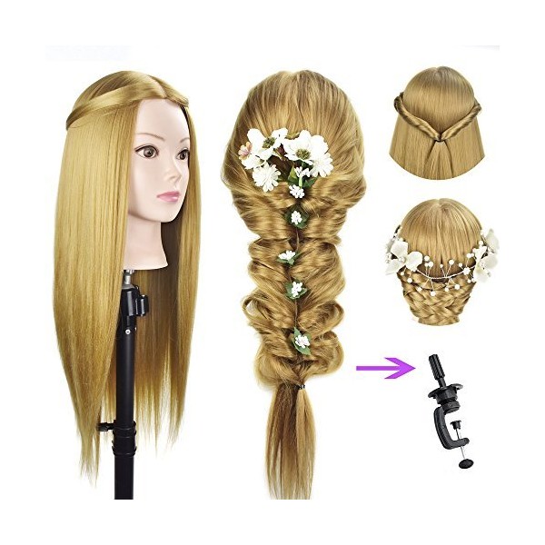 Hairdressing Mannequin Head Hairdressing Training Mannequin 70cm Synthetic Hair Mannequin Head with Free Table Clamp