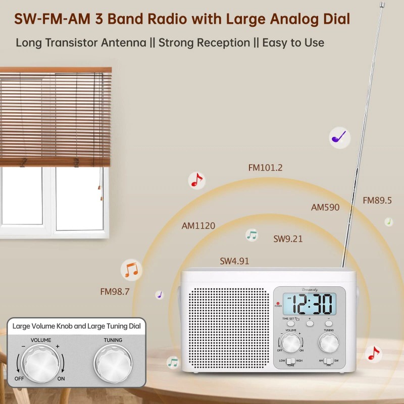 DreamSky Portable AM/FM Radio with Digital Display Battery or Plug-in