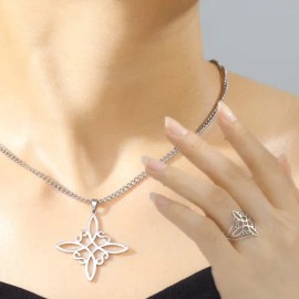 Collar + Anillo Nudo Bruja Mujer Acero Inoxidable Ajustable