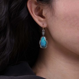 Atentuyi Bohemian Turquoise Drop Earrings Silver Vintage Blue Drop Earrings Ethnic Enamel Hook Earrings Tribal Antique Gypsy Retro Earrings Jewellery for Women and Girls, Alloy Steel