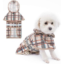KOOLTAIL Dog Raincoat Hooded Slicker Poncho with Leash Hole, Dog Raincoat for Small Medium Dogs, Waterproof Dog Rain Jacket with Reflective Strip, Adjustable Breathable Plaid Puppy Rainwear-Beige