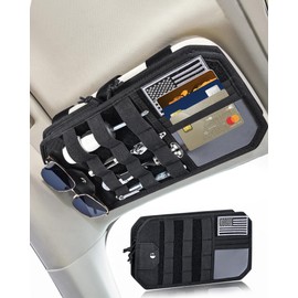 Heavy Duty Molle Car Sun Visor Organizer Tactical Pounch with Flag and Glasses Clip Store Your Daily Items for Most Cars, Trucks, SUVs, Compacts, 12.8"x6.9"x1.2"