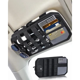Heavy Duty Molle Car Sun Visor Organizer Tactical Pounch with Flag and Glasses Clip Store Your Daily Items for Most Cars, Trucks, SUVs, Compacts, 12.8"x6.9"x1.2"