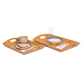 BIRDROCK HOME Breakfast Serving Tray with Handles - Set of 2 - Natural Bamboo - Wood - Food - Breakfast Tray - Party Platter - Nesting - Kitchen and Dining