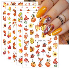 JMEOWIO 9 Sheets Fall Autumn Nail Art Stickers Decals Self-Adhesive Maple Leaf Pumpkin Thanksgiving Nail Supplies Nail Art Design Decoration Accessories