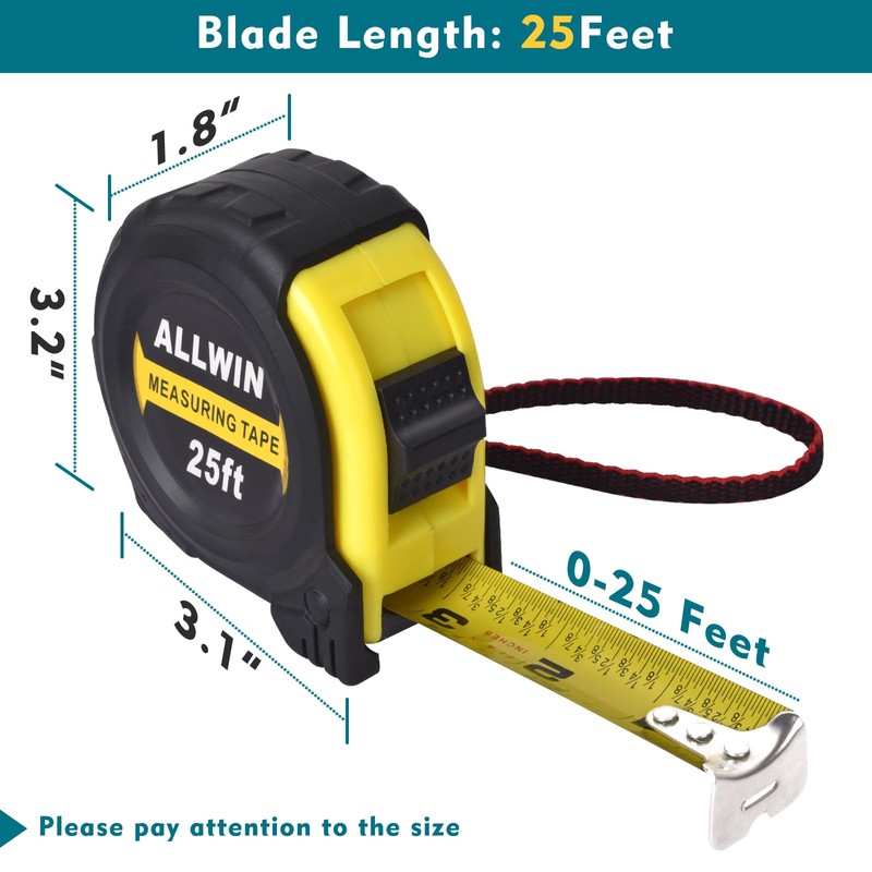 Tape Measure 25 Ft - Metal Retractable Tape Measure with