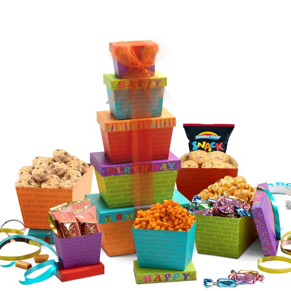 Broadway Basketeers Gourmet Food Gift Basket Tower for Birthdays – Curated Snack Box, Sweet and Savory Treats Parties, Best Wishes, Birthday Presents Women, Men, Mom, Dad, Her, Him, Families