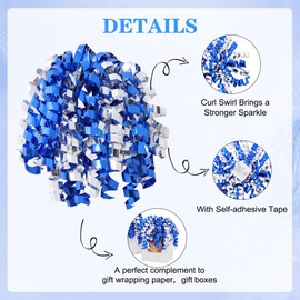 TONIFUL 6 Inch Blue and Silver Shiny Curly Ribbon Bows 8 Counts Self-Adhesive Gift Bows for Gift Wrapping, Boxes, Treat Bags, Wine Bottle- Christmas, Graduation, Valentines Party Decoration Supplies