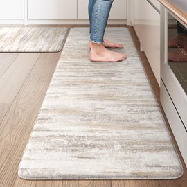 KIMODE Kitchen Mats Cushioned Anti Fatigue, Abstract Kitchen Rugs Sets of 2, 20"x47"+20"x32" Non Slip Kitchen Mats for Floor, Padded Kitchen Floor Mat for Sink Laundry Office Light Brown Multi