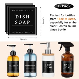 Waterproof Labels for Glass/Plastic Bottles, 12 PCS Bathroom Hand Soap Shampoo Dispenser Label Stickers, Removable Bottle Labels for Soap, Lotion, Shampoo and Conditioner (3"X3",Black)