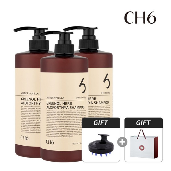 CH6 Greenol Herb Hair Loss Shampoo 1000ml 3pcs (+ Shampoo Brush &amp; Shopping Bag Complimentary) Amber Vanilla
