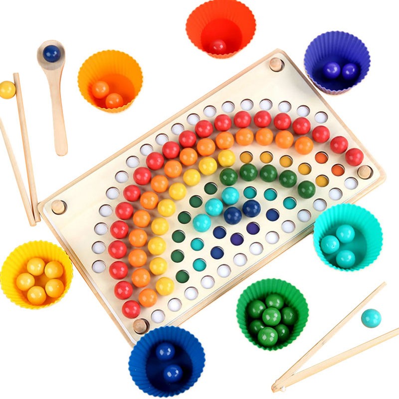 Wooden Peg Board Beads Game Educational Rainbow Clip Beads Puzzle