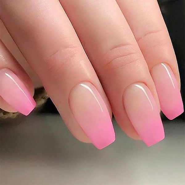 Short Press on Nails Pink Ombre Fake Nails Short Coffin
