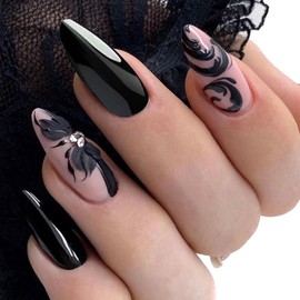 Black Press on Nails Almond Medium Fake Nails with Irregular Flower Designs Acrylic Nail Kit Glossy Black Nails Press ons Full Cover Glue on Nails Valentines False Nails for Women Girls 24 Pcs
