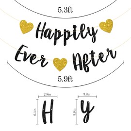 Happily Ever After Banner, Bridal Shower, Engagement, Just Married, Wedding Party Decorations (Black Glitter)