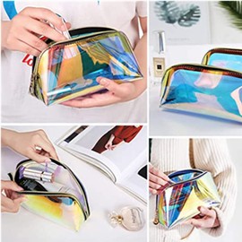 esowemsn 2pcs Iridescent Cosmetic Bag Make Up Purse Organizer Portable Waterproof Cosmetic Pouch Travel Bathroom Office Bag Organizer for Girls Women(S/L)