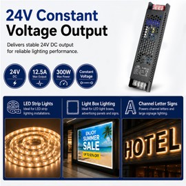 24V 300W LED Power Supply, 12.5A Constant Voltage LED Driver, AC to DC Converter, Low Voltage LED Transformer for Strip Lights, Cabinet Lighting, Commercial Signage and Light Boxes