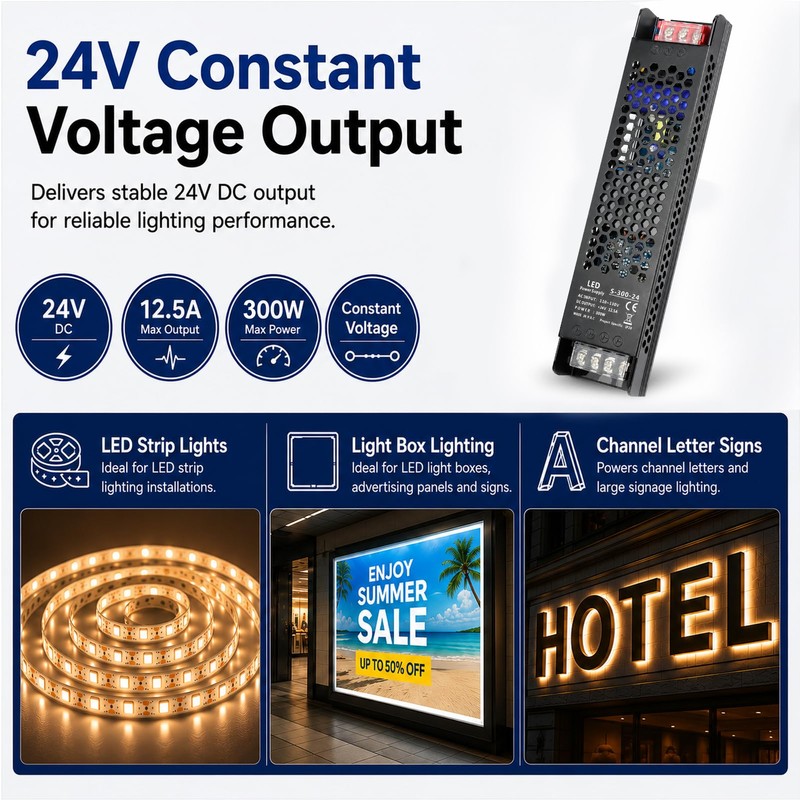 24V 300W LED Power Supply, 12.5A Constant Voltage LED Driver,