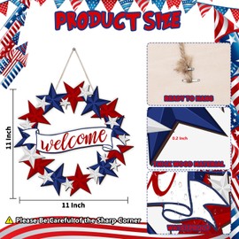 Arosche 4th of July Decorations Hanging Door Sign Patriotic Memorial Day Wooden Door Sign Red White and Blue Star Welcome Wreath for Fourth of July Independence Day Tree, Door, Wall, Party Supplies