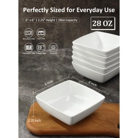 Yedio Porcelain Soup Bowls Set of 6, 28 OZ Square Cereal Bowls, Rice Bowl, for Ice Cream and Dessert Snack, Wedding Party Gift, Microwave Safe Bowl