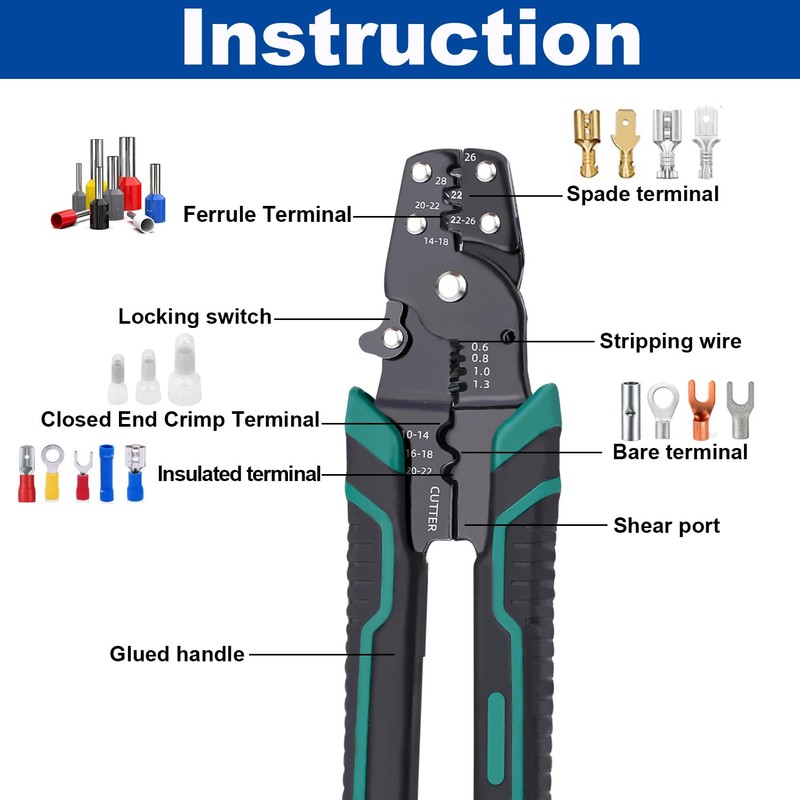 Tnisesm Wire Crimping Tool 26-10 AWG, Crimping Pliers with Stripper